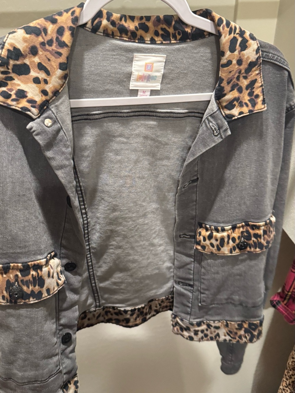 LuLaRoe charcoal Denim Jacket with Leopard Trim